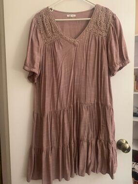 Boho Crochet Yoke Tiered Dress in Dusty Mauve
